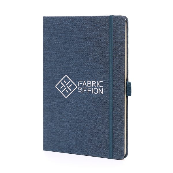 A5 RPET notebook featuring 80 sheets of wood pulp recycled lined paper with pre-printed recycled message, bookmark ribbon, pen loop and elastic closure to keep the pages secure.