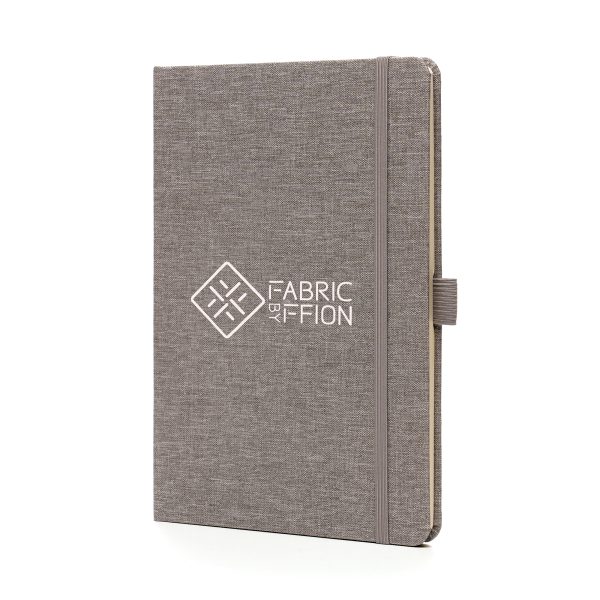 A5 RPET notebook featuring 80 sheets of wood pulp recycled lined paper with pre-printed recycled message, bookmark ribbon, pen loop and elastic closure to keep the pages secure.