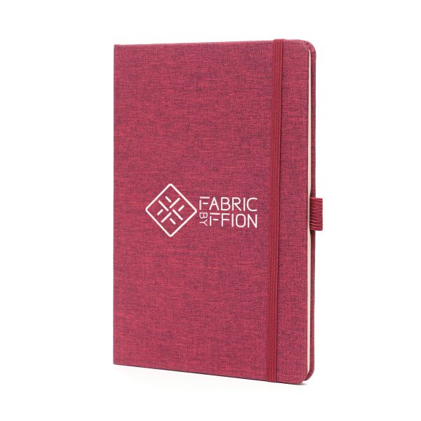 A5 RPET notebook featuring 80 sheets of wood pulp recycled lined paper with pre-printed recycled message, bookmark ribbon, pen loop and elastic closure to keep the pages secure.