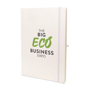 A4 white PU soft finish 80 sheet lined notebook with white bookmark, back pocket, coloured elastic pen loop and elastic closure.