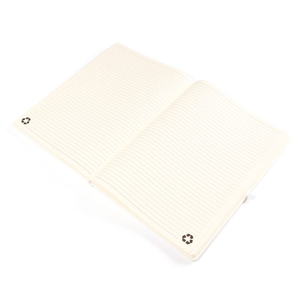 A4 white PU soft finish 80 sheet lined notebook with white bookmark, back pocket, coloured elastic pen loop and elastic closure.