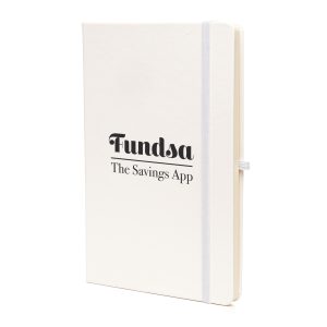 A5 recycled white PU cover notebook with 80 recycled lined sheets, back pocket, white bookmark, elastic pen loop and elastic closure.