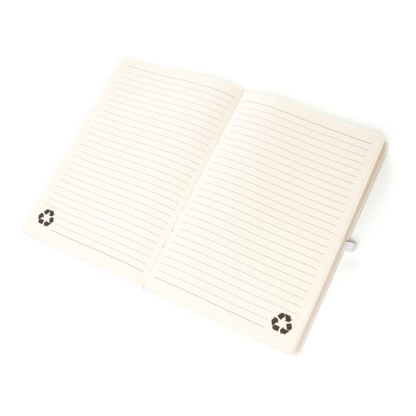 A5 recycled white PU cover notebook with 80 recycled lined sheets, back pocket, white bookmark, elastic pen loop and elastic closure.