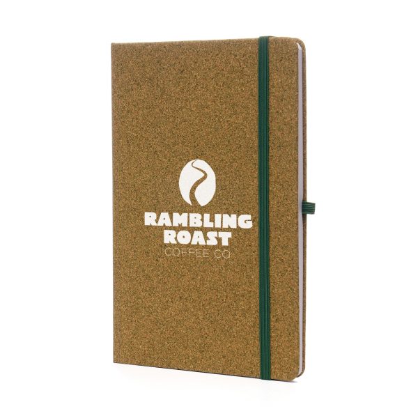 A5 Tea Ground Cork notebook made from tea ground cork material, with an information page about tea ground cork, 80 lined pages made from recycled cream paper featuring a green ribbon bookmark, elastic closure and pen loop.