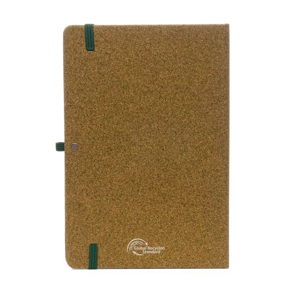 A5 Tea Ground Cork notebook made from tea ground cork material, with an information page about tea ground cork, 80 lined pages made from recycled cream paper featuring a green ribbon bookmark, elastic closure and pen loop.