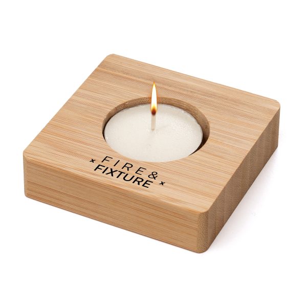 This bamboo tealight holder is a stylish promotional item, supplied with a tealight and offering great branding space. Perfect for corporate gifts, trade shows, and events.