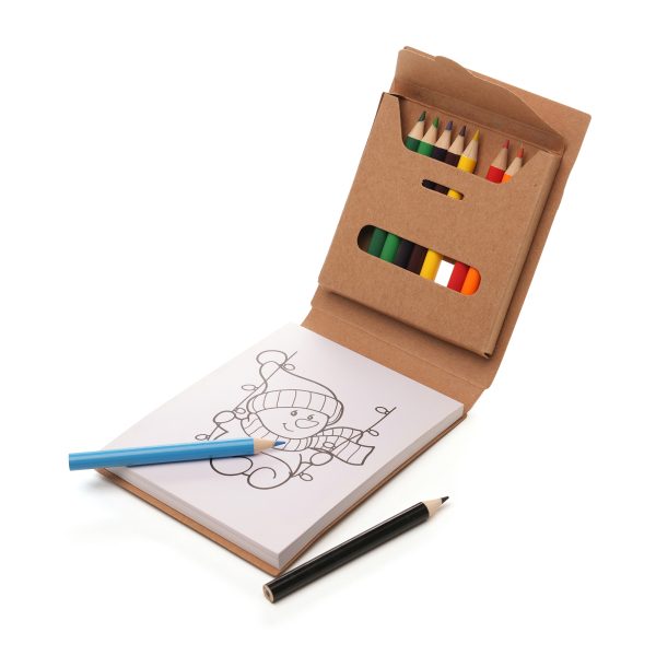 2-in-1 B7 colouring pad with 80 sheets of recycled paper with recycled Kraft paper cardboard cover, featuring 12 coloured pencils secured to the inside front cover inside Kraft envelope.