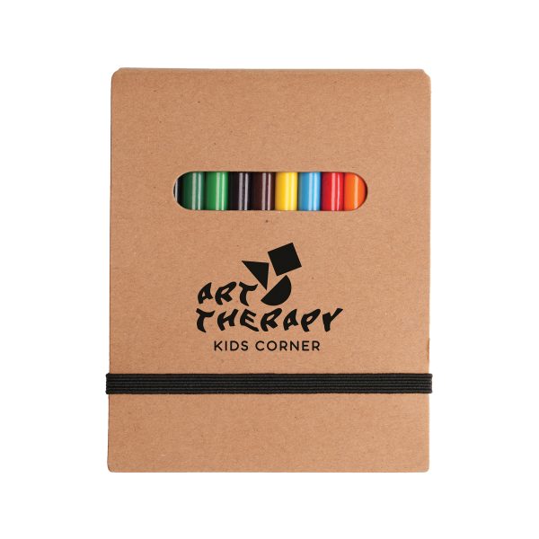 2-in-1 B7 colouring pad with 80 sheets of recycled paper with recycled Kraft paper cardboard cover, featuring 12 coloured pencils secured to the inside front cover inside Kraft envelope.