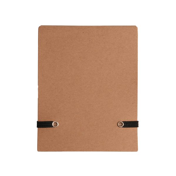 2-in-1 B7 colouring pad with 80 sheets of recycled paper with recycled Kraft paper cardboard cover, featuring 12 coloured pencils secured to the inside front cover inside Kraft envelope.