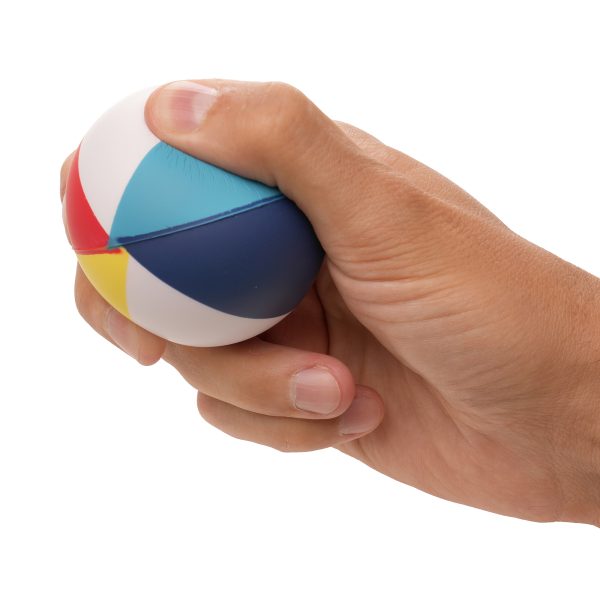 61mm diameter multi-coloured beach ball style stress ball is a colourful and effective promotional item for stress relief, making it a perfect accessory for the office.