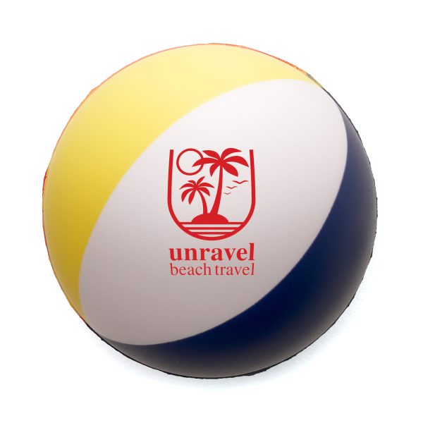 61mm diameter multi-coloured beach ball style stress ball is a colourful and effective promotional item for stress relief, making it a perfect accessory for the office.