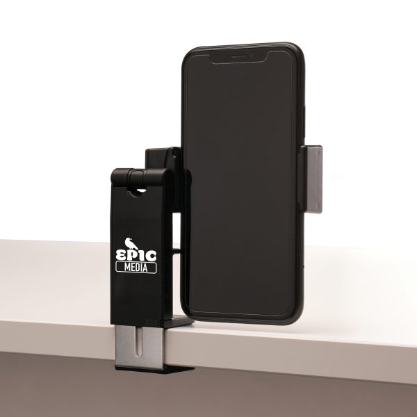 Recycled ABS plastic phone stand with adjustable clip, slider and desk clamp. This is a must have desk accessory, making it convenient for hands free, secure phone usage while on the go.