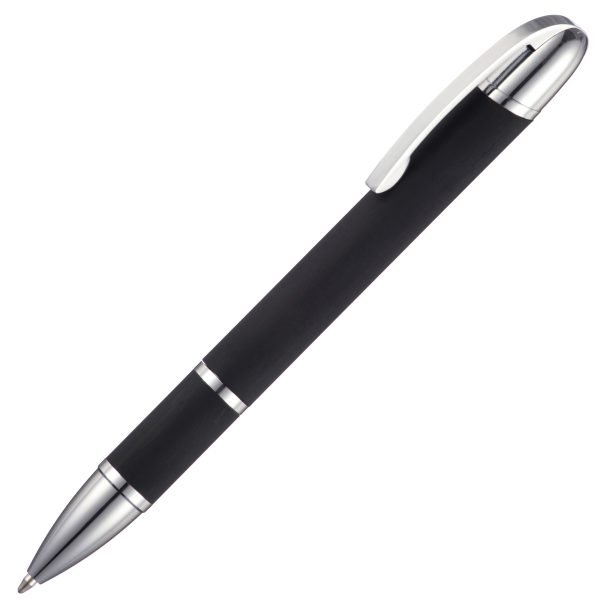 An elegant and modern ball pen in soft feel black finish. Hinged clip and undercoated chrome for a mirror chrome finish when engraved.