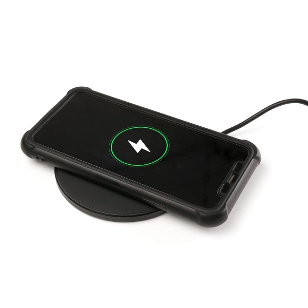 A desk style wireless fast charger with recycled Aluminium and recycled ABS rubber coating, supplied with a USB to TYPE-C cable for reliable and efficient charging.