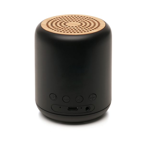 A Bluetooth speaker crafted with Recycled ABS shell and speaker with an elegant bamboo speaker top. This Bluetooth speaker has 1200mAh capacity and includes a 30cm USB-A to USB-C charging cable and manual. The large body gives ample space for big and bold branding.