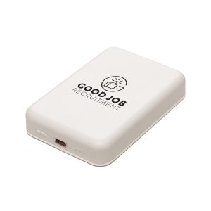 A 5000mAh wireless magnetic phone charger with a Type-C input port, supplied with a USB to Type-C charging cable. Featuring a compact recycled ABS cover, this power bank offers reliable, cable-free charging on the go.