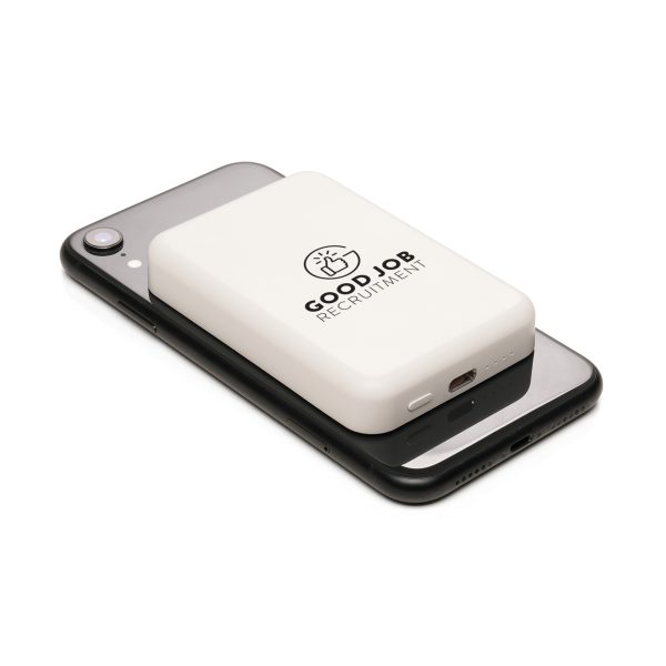 A 5000mAh wireless magnetic phone charger with a Type-C input port, supplied with a USB to Type-C charging cable. Featuring a compact recycled ABS cover, this power bank offers reliable, cable-free charging on the go.