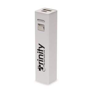 Portable white cuboid shaped power bank with 2200mAh, supplied with type-C/USB to type C cable and instruction manual. Can recharge most smart phones! .