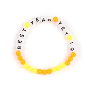 Bespoke plastic beaded bracelet with personalised lettering on a branded backing card for your company's message with the option to add a QR code, all enclosed in a transparent sealed package.