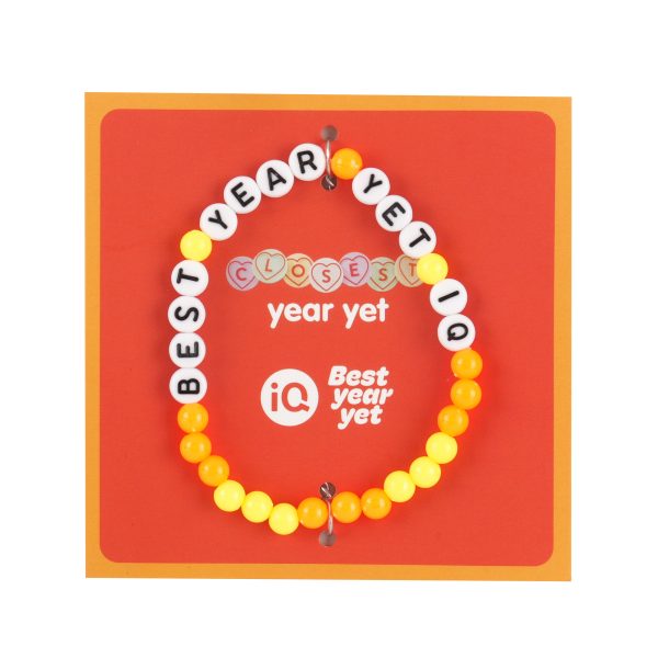 Bespoke plastic beaded bracelet with personalised lettering on a branded backing card for your company's message with the option to add a QR code, all enclosed in a transparent sealed package.