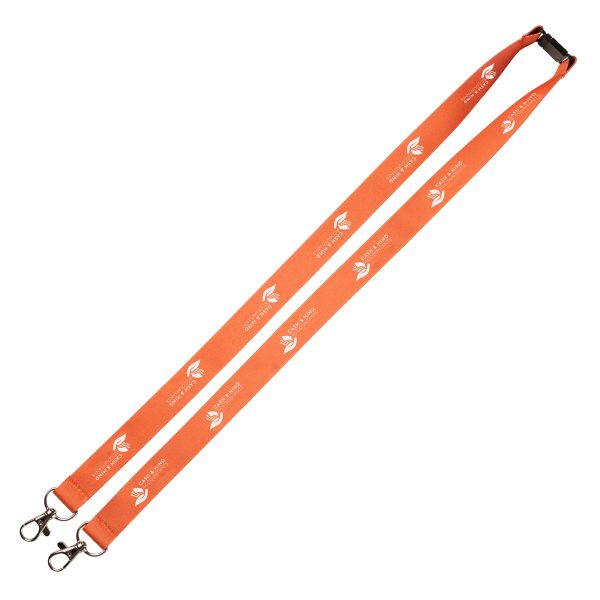 Double trigger clip RPET lanyard with full colour dye or sublimation design to one or both sides(same design). Features two trigger clips on either side and safety break.