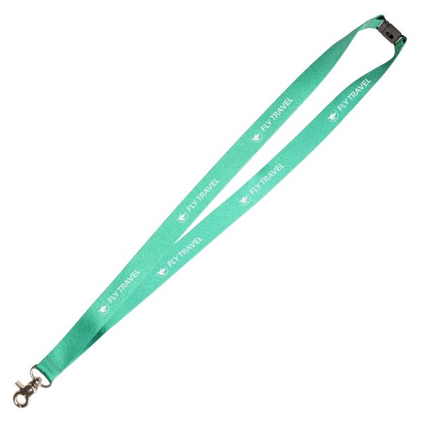 RPET Dye sub lanyard with chunky zinc alloy trigger clip. This chunky clip is a versatile and durable attachment used for securing and fastening items to lanyards or straps. Its lightweight yet robust construction makes it ideal for a wide range of applications, including attaching keys, identification badges, or small tools to lanyards for easy access and security.