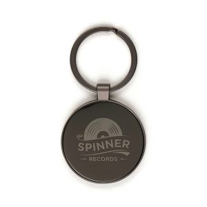 A sleek round keyring made from durable zinc alloy featuring an iron split ring and a metal plate for added strength. Finished in an elegant gun metal colour.