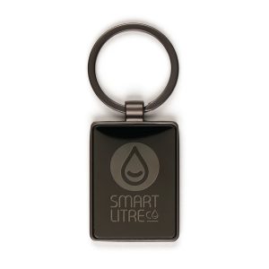 A sleek rectangular keyring made from durable zinc alloy featuring an iron split ring and a metal plate for added strength, finished in an elegant gun metal colour.