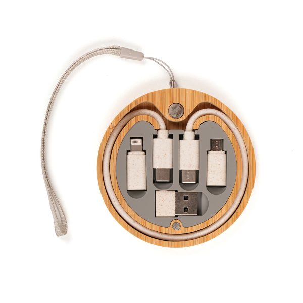 The 5-in-1 Bamboo Cable Kit features a USB-C to USB-C cable along with three interchangeable adapters: an 8-pin Lightning connector, USB-A, and Micro USB, making it compatible with a wide range of devices. The kit also includes a SIM card ejector tool, magnetic bamboo cover and carry handle for added convenience.