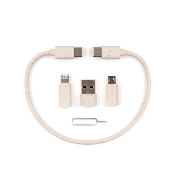 The 5-in-1 Bamboo Cable Kit features a USB-C to USB-C cable along with three interchangeable adapters: an 8-pin Lightning connector, USB-A, and Micro USB, making it compatible with a wide range of devices. The kit also includes a SIM card ejector tool, magnetic bamboo cover and carry handle for added convenience.