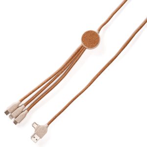 1.2 metre length cork cable with a wheat covered USB/type C connection and a 3-in-1 type C connector, 5 pin connector (iPhone), micro USB (android) connector and type-C/USB to type C cable. Charge multiple appliances at once with the convenience of carrying one charger.