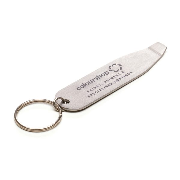 Stylish and functional, this stainless steel keyring with a split ring attachment features a handy tin opener with a generous engrave area for your logo.