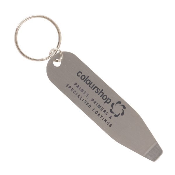 Stylish and functional, this stainless steel keyring with a split ring attachment features a handy tin opener with a generous engrave area for your logo.