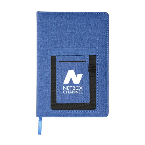 A5 PU notebook featuring a specially designed multi-use front pocket with elasticated sides – perfect for holding a mobile phone and business cards during a meeting! Includes 80 sheets of 80gsm lined paper and pen loop. The 9cm pocket offers a prominent position for your logo with a variety of branding options to choose from.