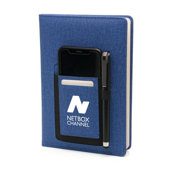 A5 PU notebook featuring a specially designed multi-use front pocket with elasticated sides – perfect for holding a mobile phone and business cards during a meeting! Includes 80 sheets of 80gsm lined paper and pen loop. The 9cm pocket offers a prominent position for your logo with a variety of branding options to choose from.